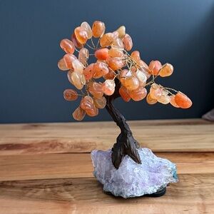 Orange Gemstone Bonsai Tree on Amethyst Base